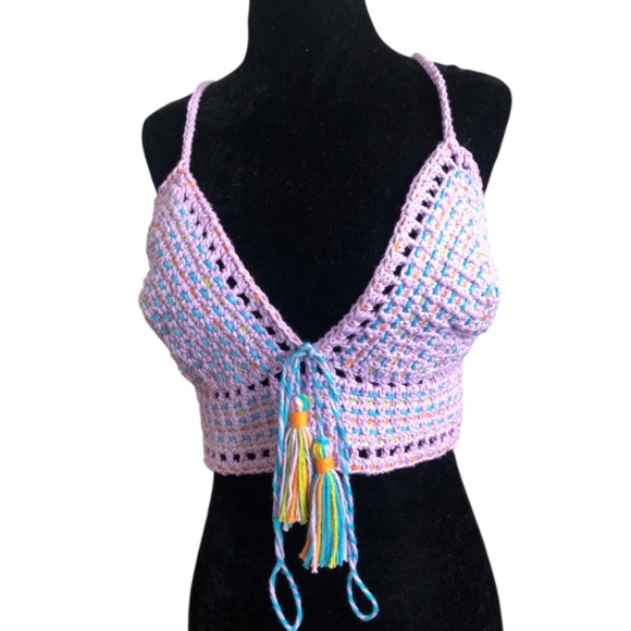 Handmade Tops - Elegant Handmade Crochet Crop Top – Bohemian Festival Bralette w/Tassels